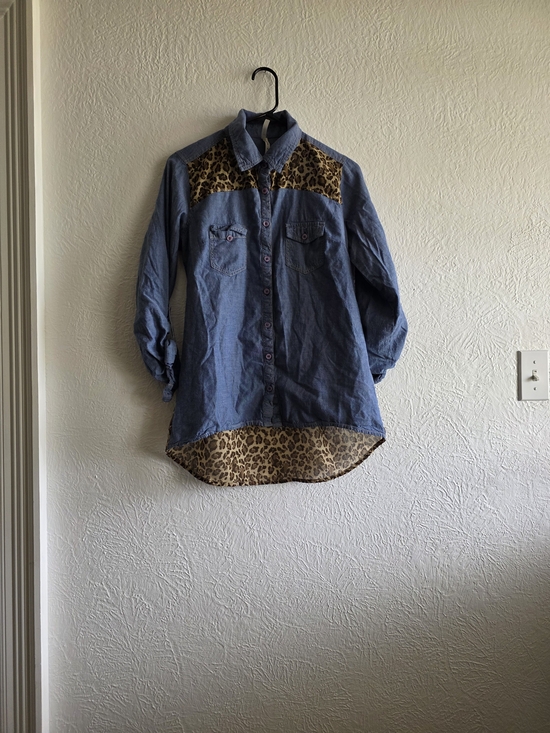 Truth Tops - Truth Denim Button-Down Shirt with Leopard Trim